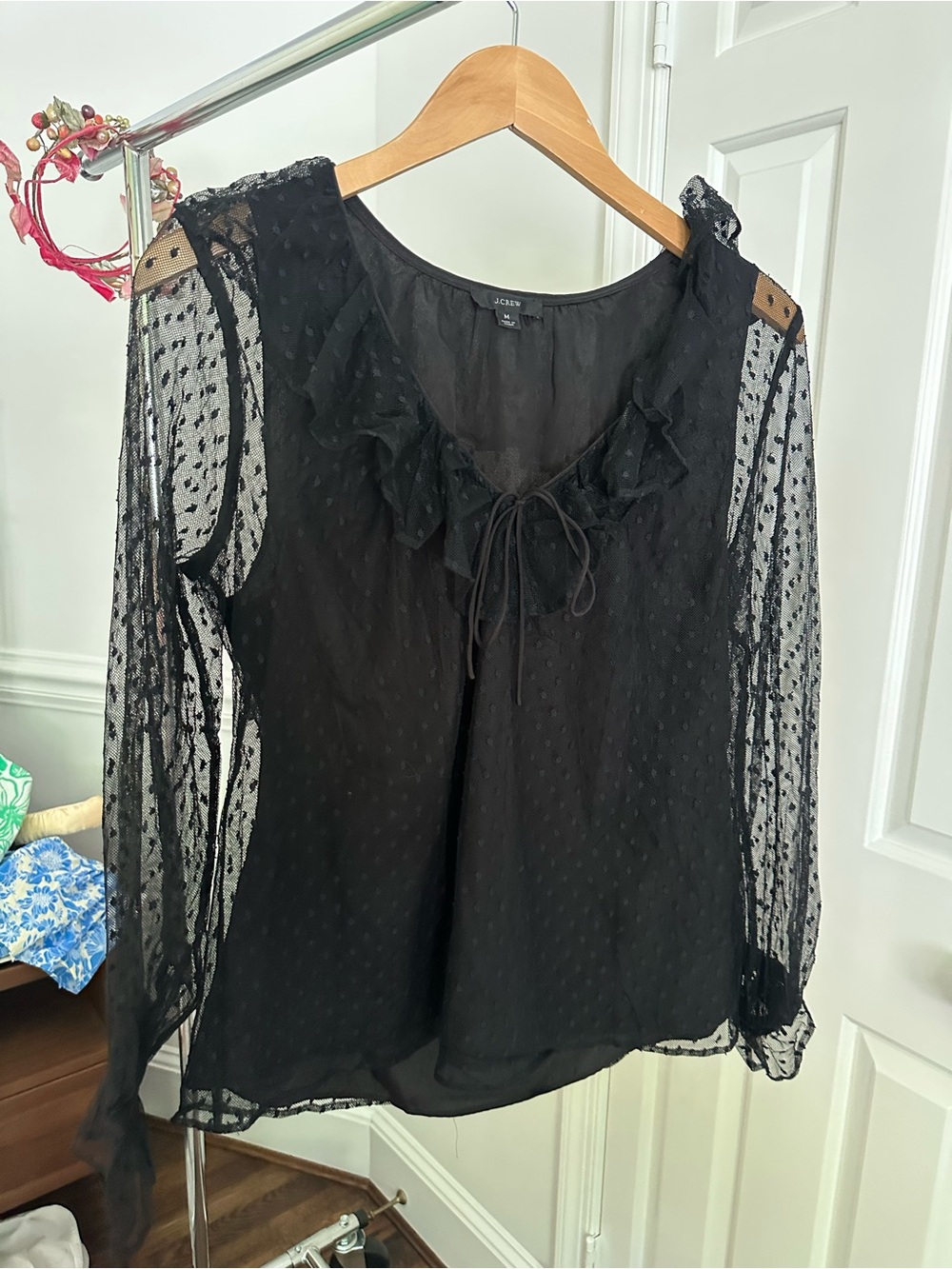 J. Crew Black Sheer Swiss Dot Ruffle Tie-Neck Blouse